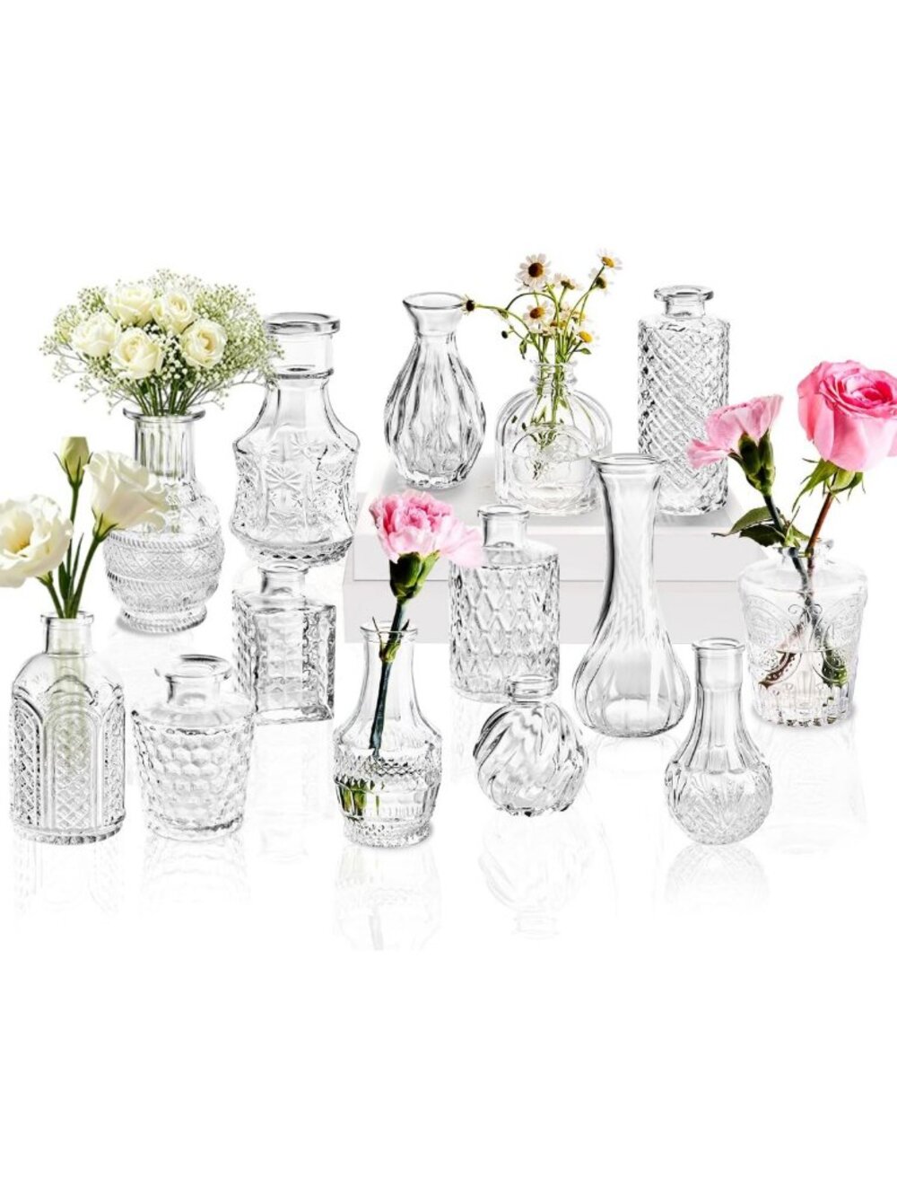 Set of 14 Clear Glass Bud Vases - Small Crystal Flower Holders for Events